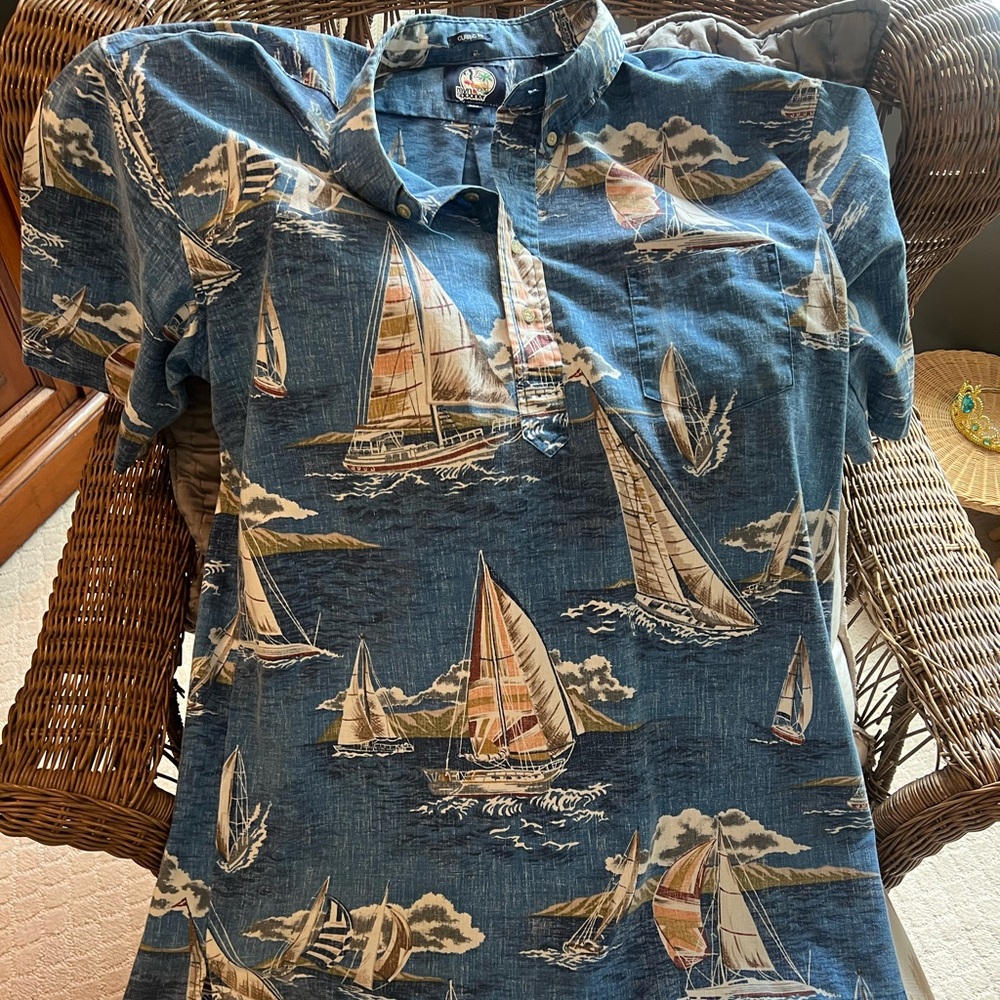 Reyn Spooner Hawaii Blue and Tan Button Down Shirt Nautical Design